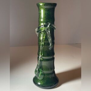 8” Hand-Blown Green Bamboo Art Glass Vase w/ Clear Dragonfly Detail